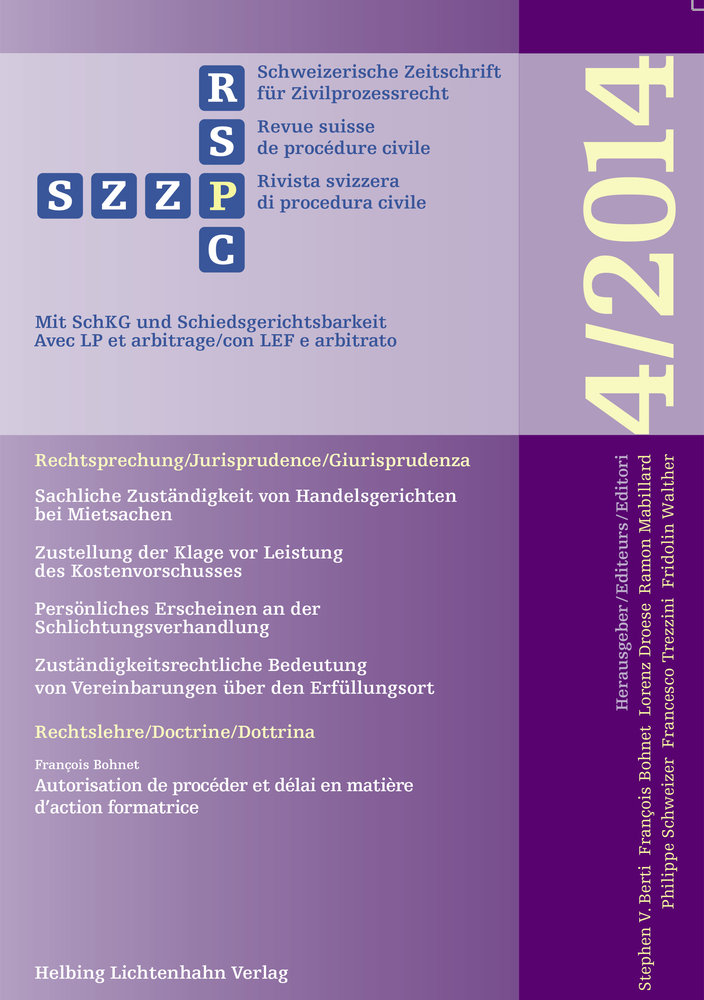 Schweizerische Zeitschrift für Zivilprozessrecht 4/2014